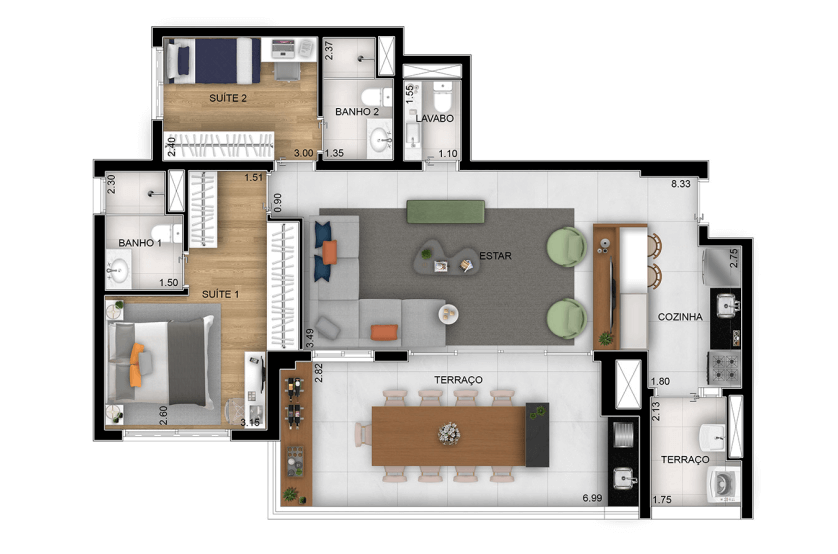 Opção de planta com 2 suítes - 100m²