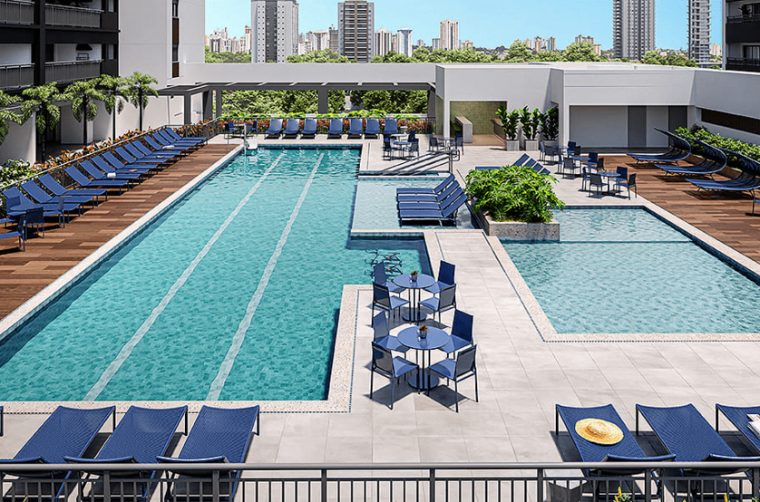 Piscina adulto com raia de 25m, deck molhado, piscina infantil com prainha, bike aquática, ducha e bar da piscina - complexo aquático com 759m² (Perspectiva artística)