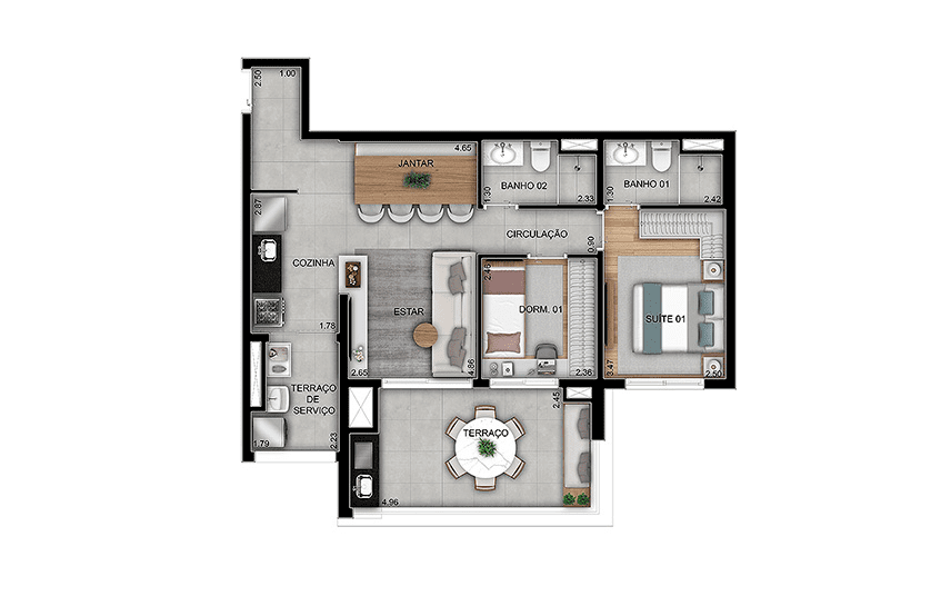 2 dorms. (1 suíte) - 71m² - Final 02 
