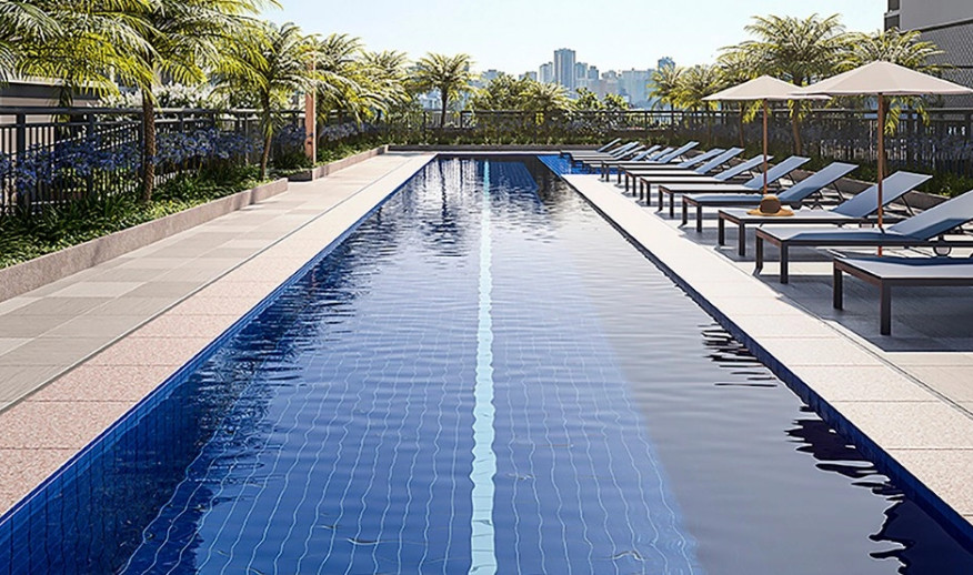 Piscina adulto, infantil, solarium e deck molhado (Perspectiva artística)