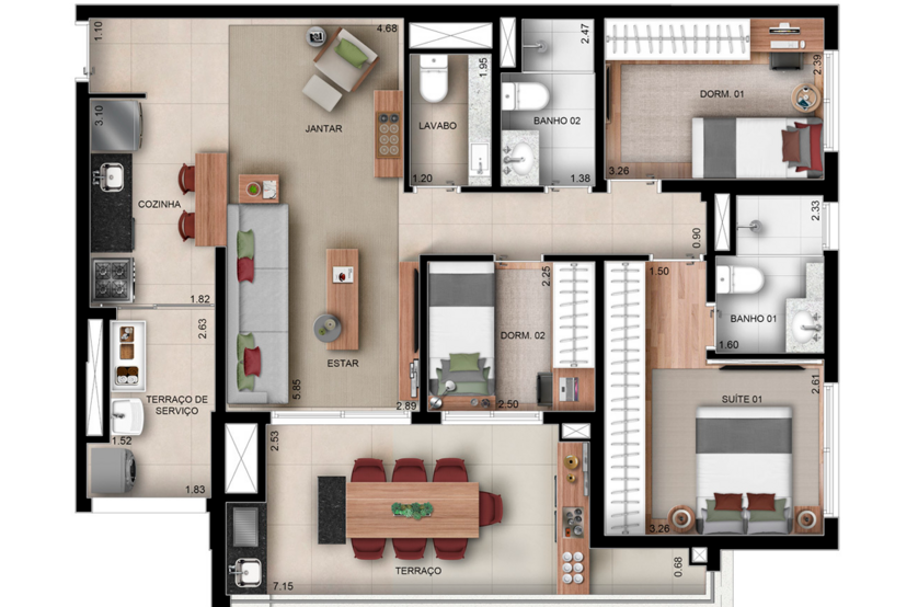 3 dorms. (1 suíte) com lavabo - 95m² 