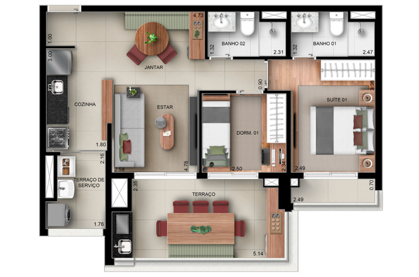 2 dorms. (1 suíte) - 71m² 