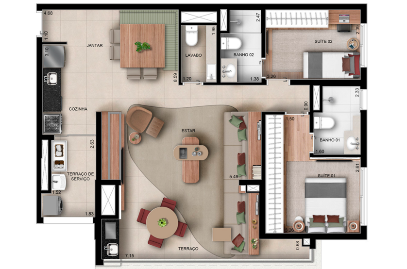 Opção 2 suítes - 95m² 