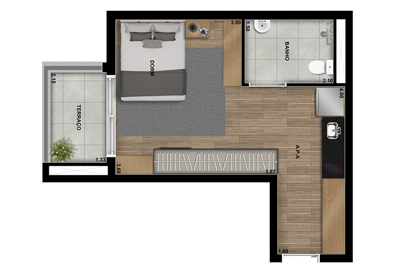 Studio NR - 31m² - Final 1, Torre 2 (Perspectiva artística - sujeito a alteração)