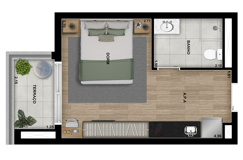 Studio residencial NR - 25m² - Final 13, Torre 2 (Perspectiva artística - sujeito a alteração)
