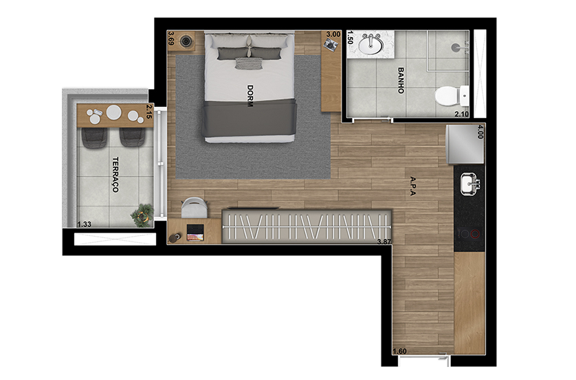 Studio residencial - 31m² - Final 13, Torre 2 (Perspectiva artística - sujeito a alteração)