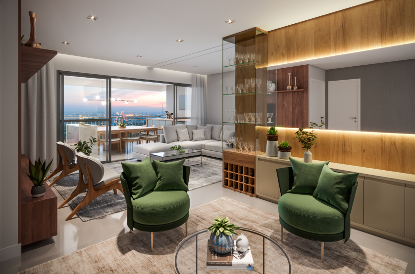 Living ampliado do apto de 102m² (Perspectiva artística)