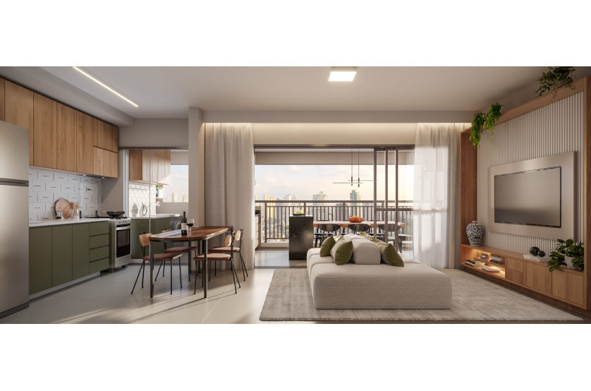 Living ampliado do apartamento de 96m² - Torre 2 (Perspectiva artística)