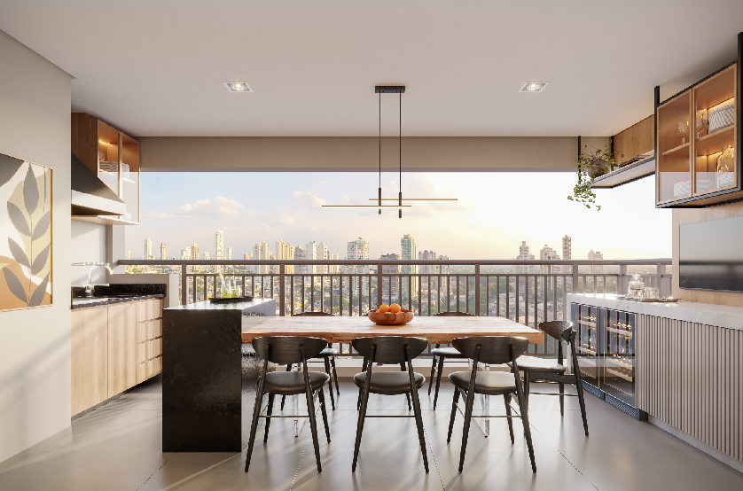 Terraço com churrasqueira a carvão do apartamento de 96m² - Torre 2 (Perspectiva artística)