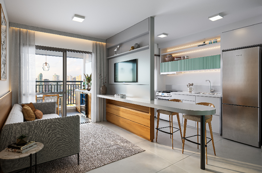 Living integrado a cozinha do apartamento de 64m² - Torre 1 (Perspectiva artística)