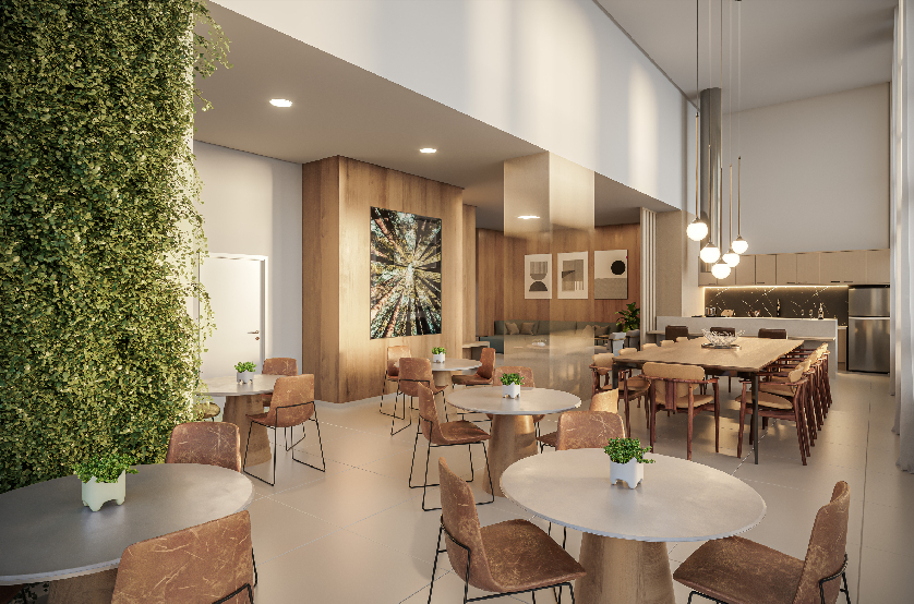 Salão de festas com espaço gourmet com 116m² (perspectiva artística)