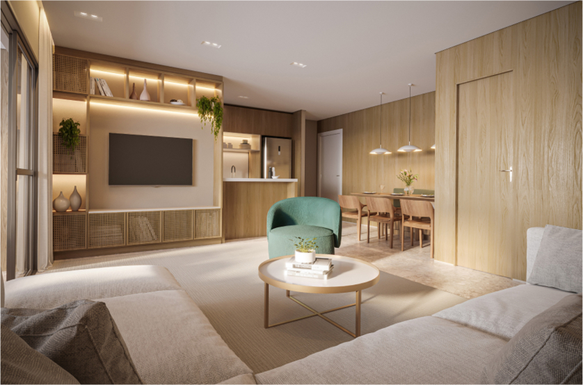 Living ampliado do apartamento de 91m² (Perspectiva artística)