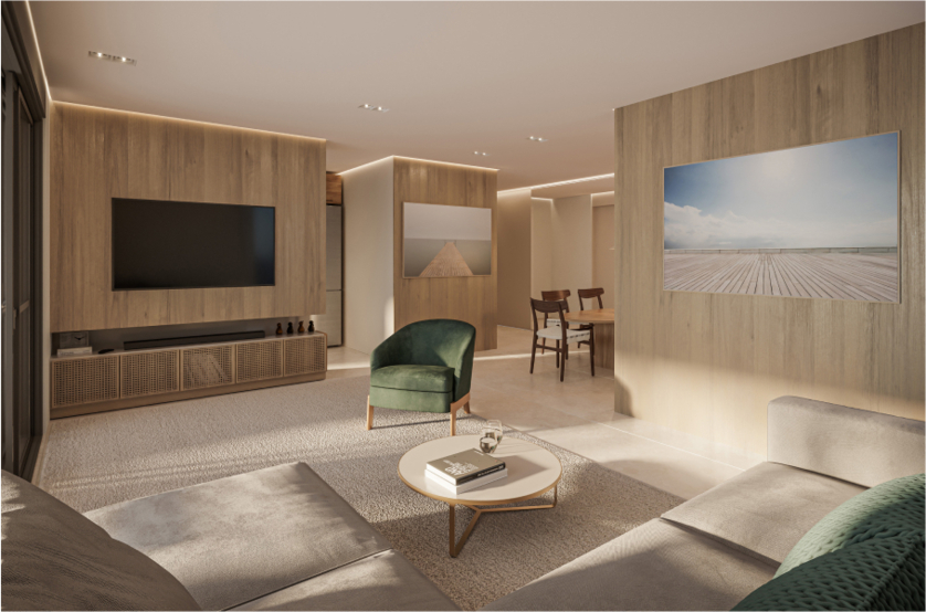 Living do apartamento de 97m² com lavabo (Perspectiva artística)