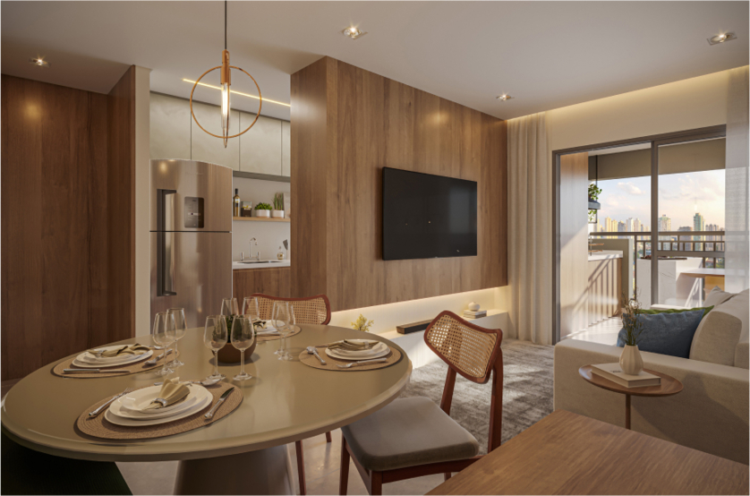 Living do apartamento de 69m² (Perspectiva artística)