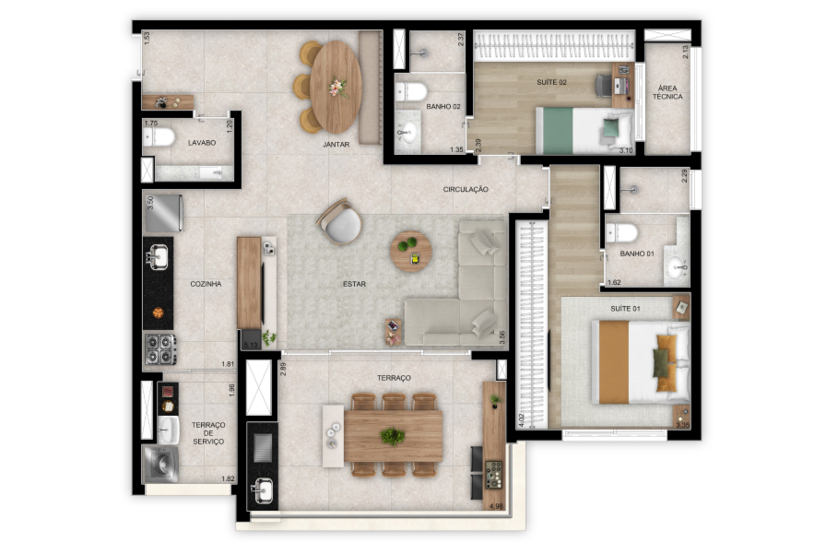 Planta de 2 suítes - opção living ampliado com lavabo - 97m² (Perspectiva artística)