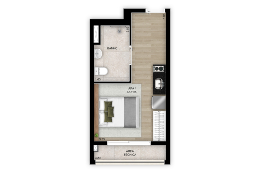 Planta Studio NR - 25m² (Perspectiva artística)