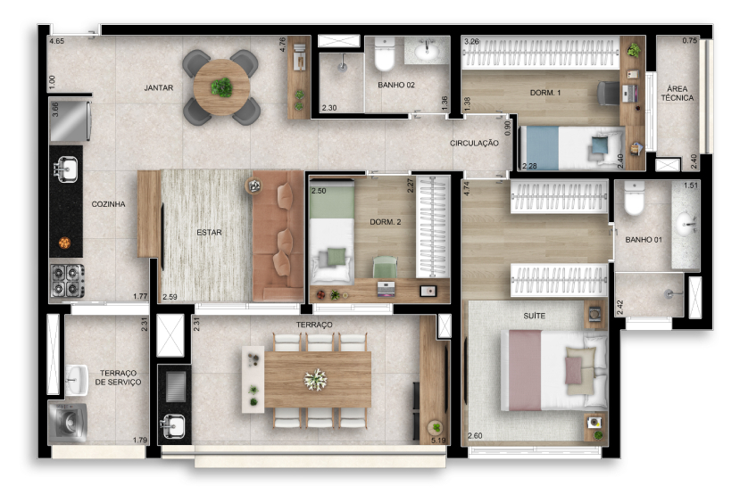 Planta 3 dorms. (1 suíte) - 87m² - Final 02 (perspectiva artística)