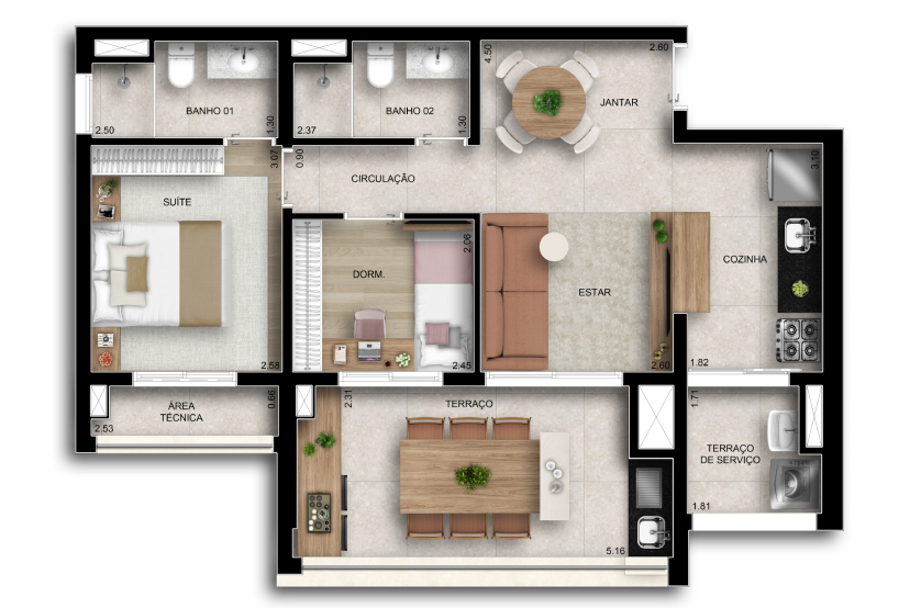 Planta 2 dorms. (1 suíte) - 67m² - Finais 03 e 04 (perspectiva artística)
