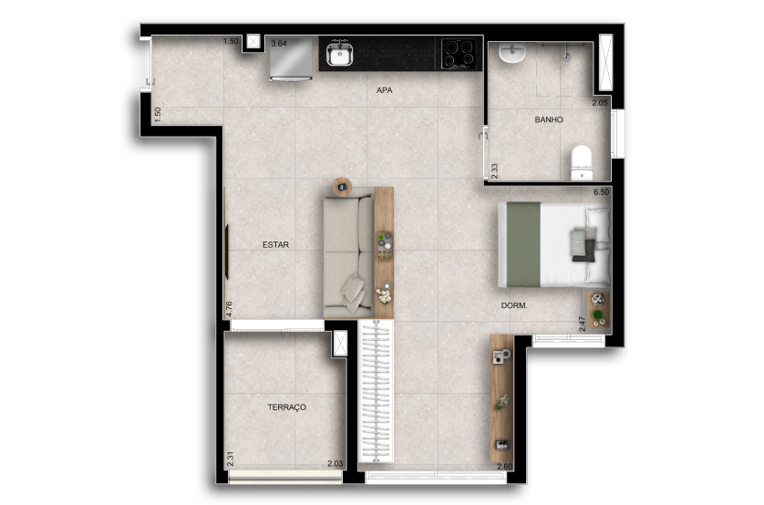 Planta 1 dorm. - 50m² - Final 01 NR (perspectiva artística)