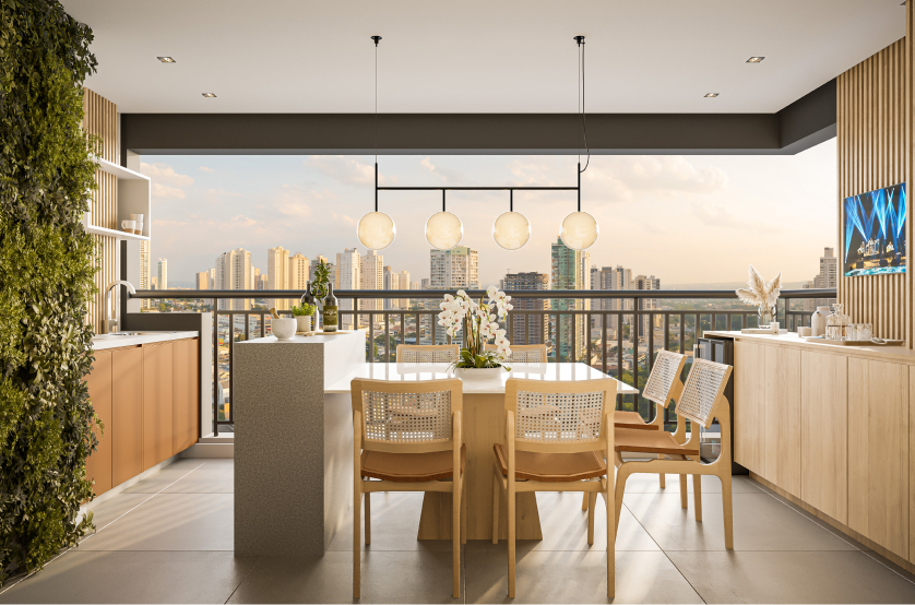 Terraço com churrasqueira a carvão do apto. de 88m² (Perspectiva artística)