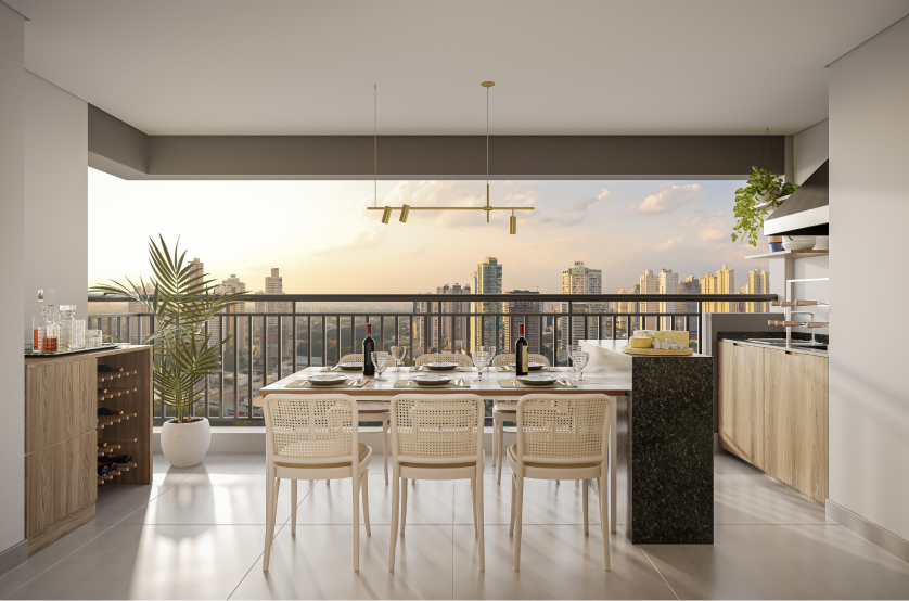 Terraço com churrasqueira a carvão do apto. de 67m² (Perspectiva artística)