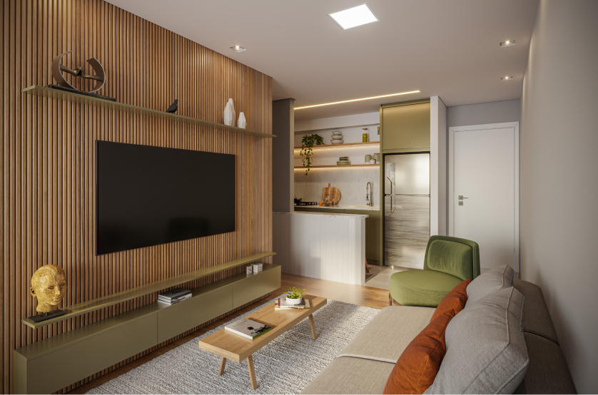 Living do apto. de 58m² (Perspectiva artística)