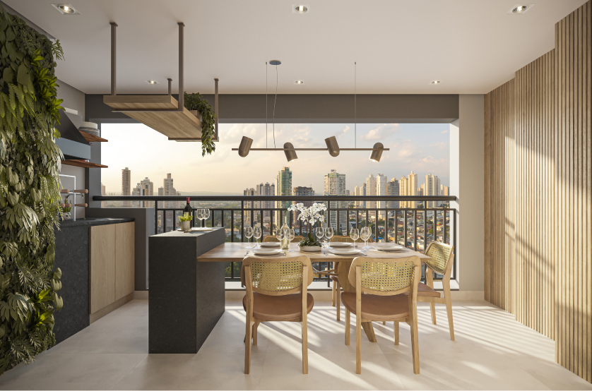 Terraço com churrasqueira a carvão do apto. de 58m² (Perspectiva artística)