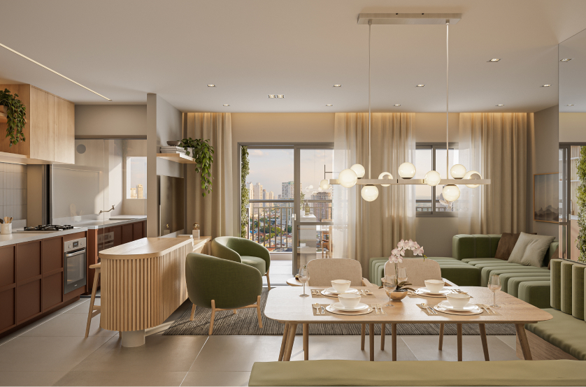 Living ampliado do apto. de 88m² (Perspectiva artística)