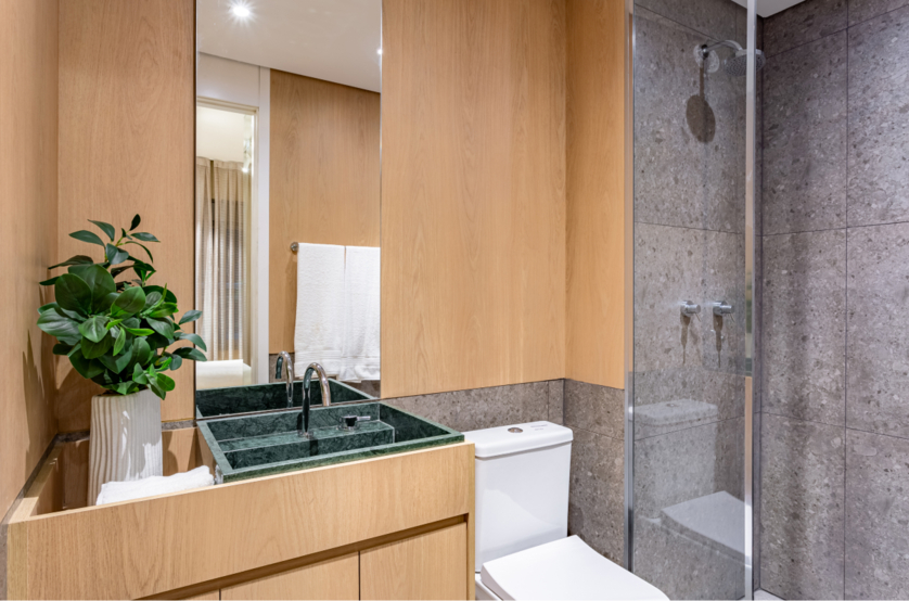 Banheiro da suíte do apartamento de 32m² (Foto do decorado)
