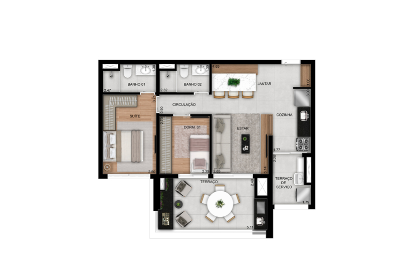 Planta de 2 dorms. (1 suíte) - 71m² - Finais 4 e 8 (Perspectiva artística)