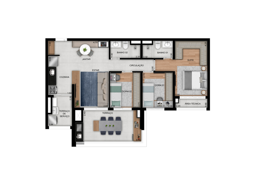 Planta de 3 dorms. (1 suíte) - 86m² - Final 9 (Perspectiva artística)