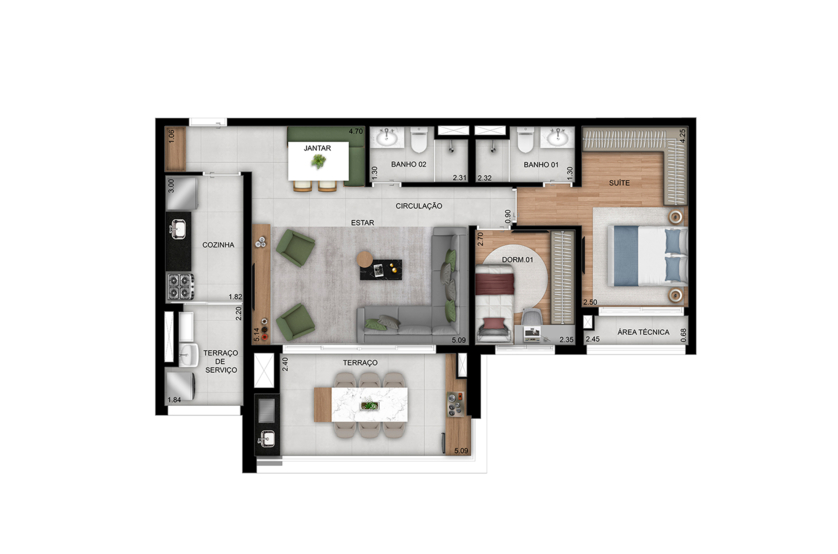 Planta de 2 dorms. (1 suíte) - Opção ampliada - 86m² - Final 9 (Perspectiva artística)