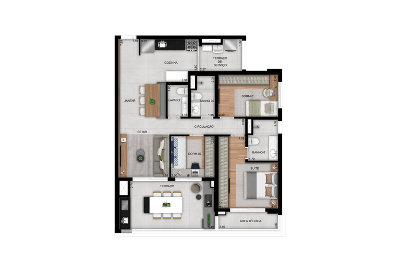 Planta de 3 dorms. (1 suíte) com lavabo - 100m² - Final 10 (Perspectiva artística)