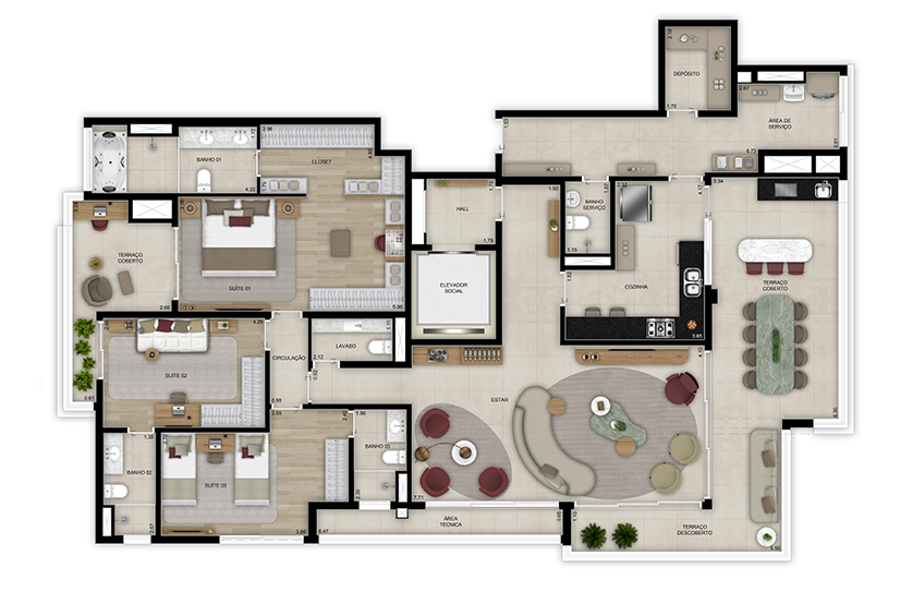 Planta penthouse 3 suítes - 221m² - Torre 2 (Perspectiva artística)