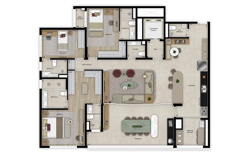 Planta opção ampliada 3 suítes com lavabo - 184m² - Torre 1 (Perspectiva artística)