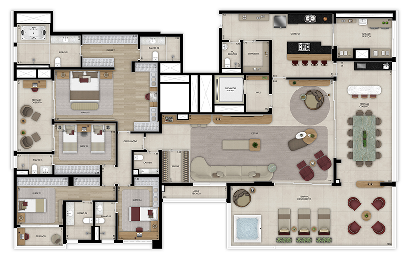 Planta penthouse 4 suítes  - 340m² - Torre 1 (Perspectiva artística)