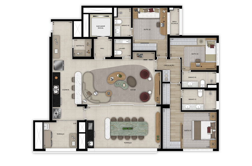 Planta opção ampliada 3 suítes com lavabo - 159m² - Torre 1 (Perspectiva artística) 