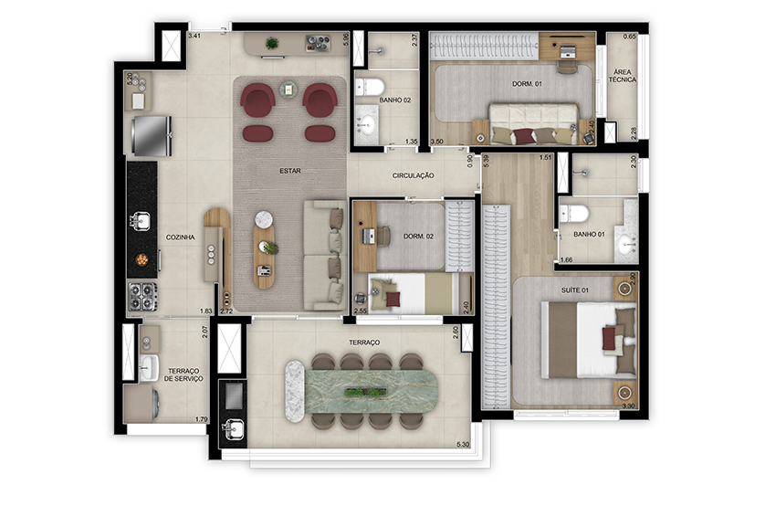 Planta de 3 dorms. (1 suíte) com lavabo - 97m² - Torre 2 (Perspectiva artística)