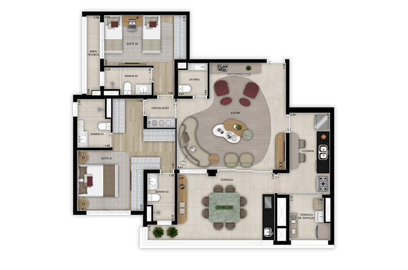 Planta de 2 suítes com lavabo, banheiro Sr. e Sra. - Opção ampliado - 120m² - Torre 2 (Perspectiva artística) 