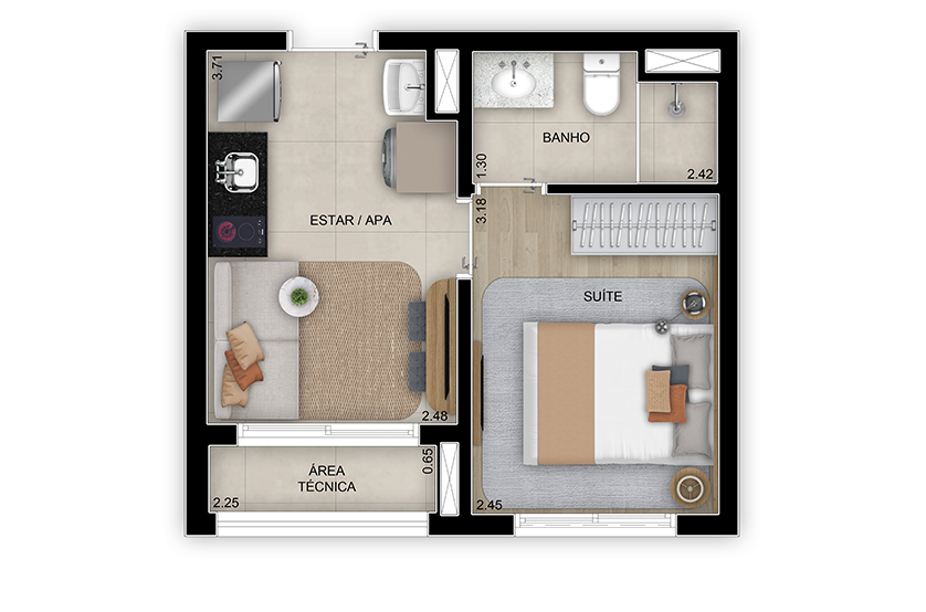 Planta de 1 suíte. - 26m² - Torre 3 (Perspectiva artística)