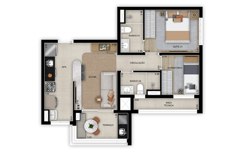 Planta de 2 dorms. (1 suíte) - 57m² - Torre 3 (Perspectiva artística)