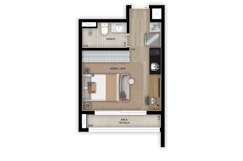 Planta studio - 25m² - Torre 3 (Perspectiva artística