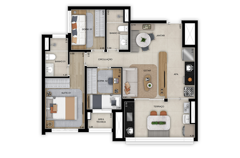 Planta de 3 dorms. (1 suíte) - 68m² - Torre 3 (Perspectiva artística) 