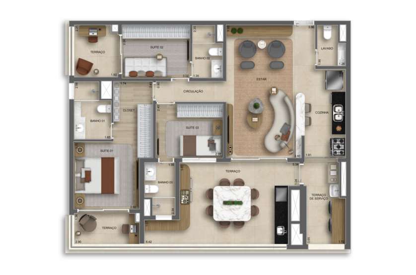 125m² | 3 Suítes c/ lavabo (Perspectiva artística)