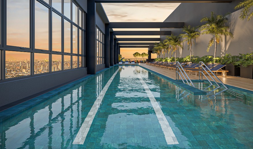 Piscina adulto com raia de 25m no 32ª Pavimento (Perspectiva artística)