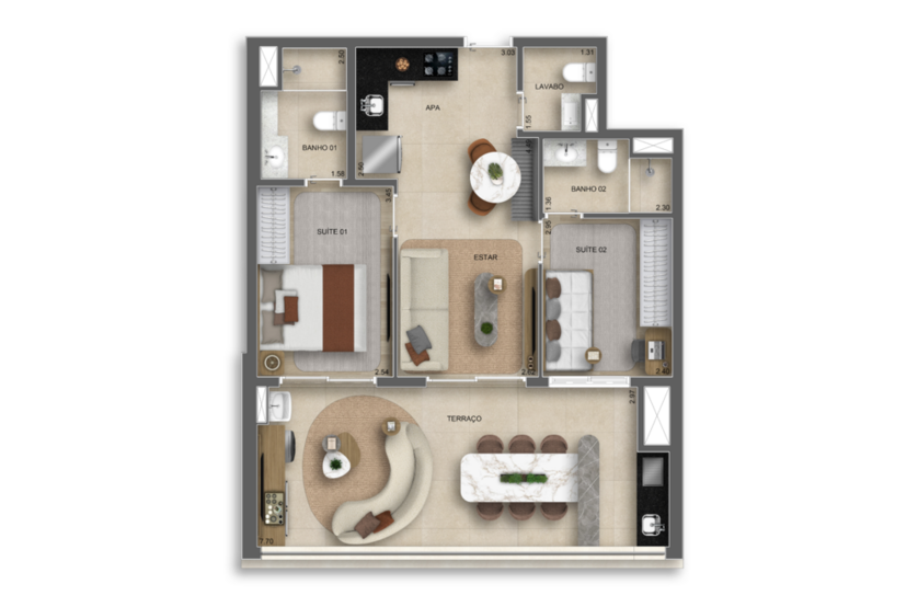 74m² | 2 Suítes c/ lavabo (Perspectiva artística)
