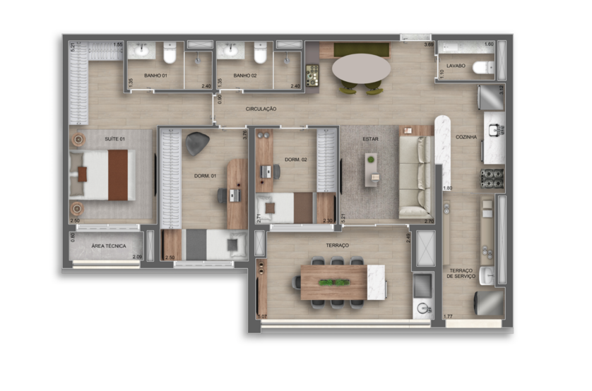 96m² | 3 Dorms (1 suíte) c/ lavabo (Perspectiva artística)