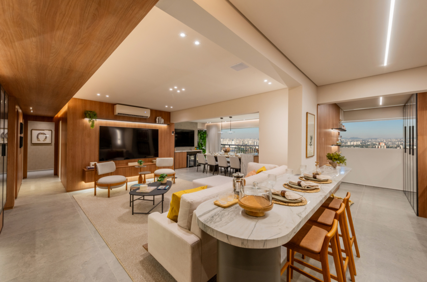 Living do apartamento de 140m² (Foto do decorado)