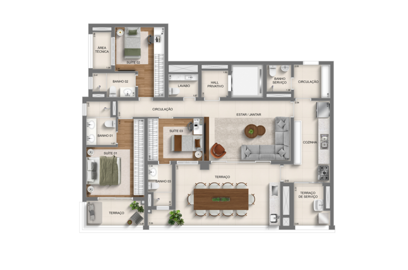 137m² | torre 1 padrão | 3 suítes  (perspectiva artística) 