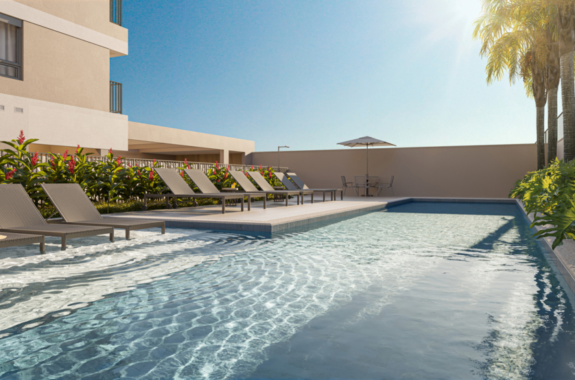 Piscina com deck molhado e solarium - torre 3 (Perspectiva artística)